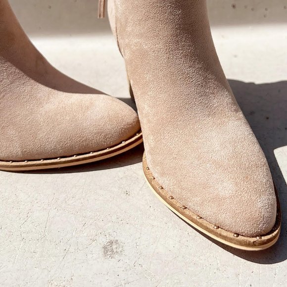 NEW Taupe Faux Suede Pointed Toe Rivet Mini Studded Block Heel Ankle Bootie Boot - Picture 5 of 16